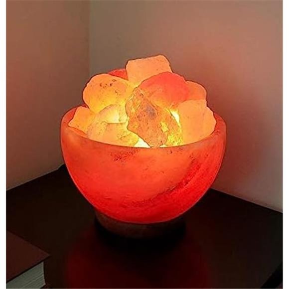 Himalayan Salt Lamp Bowl with Natural Crystal Chunks, Dimmer Cord & Classic Wood - Picture 3 of 6